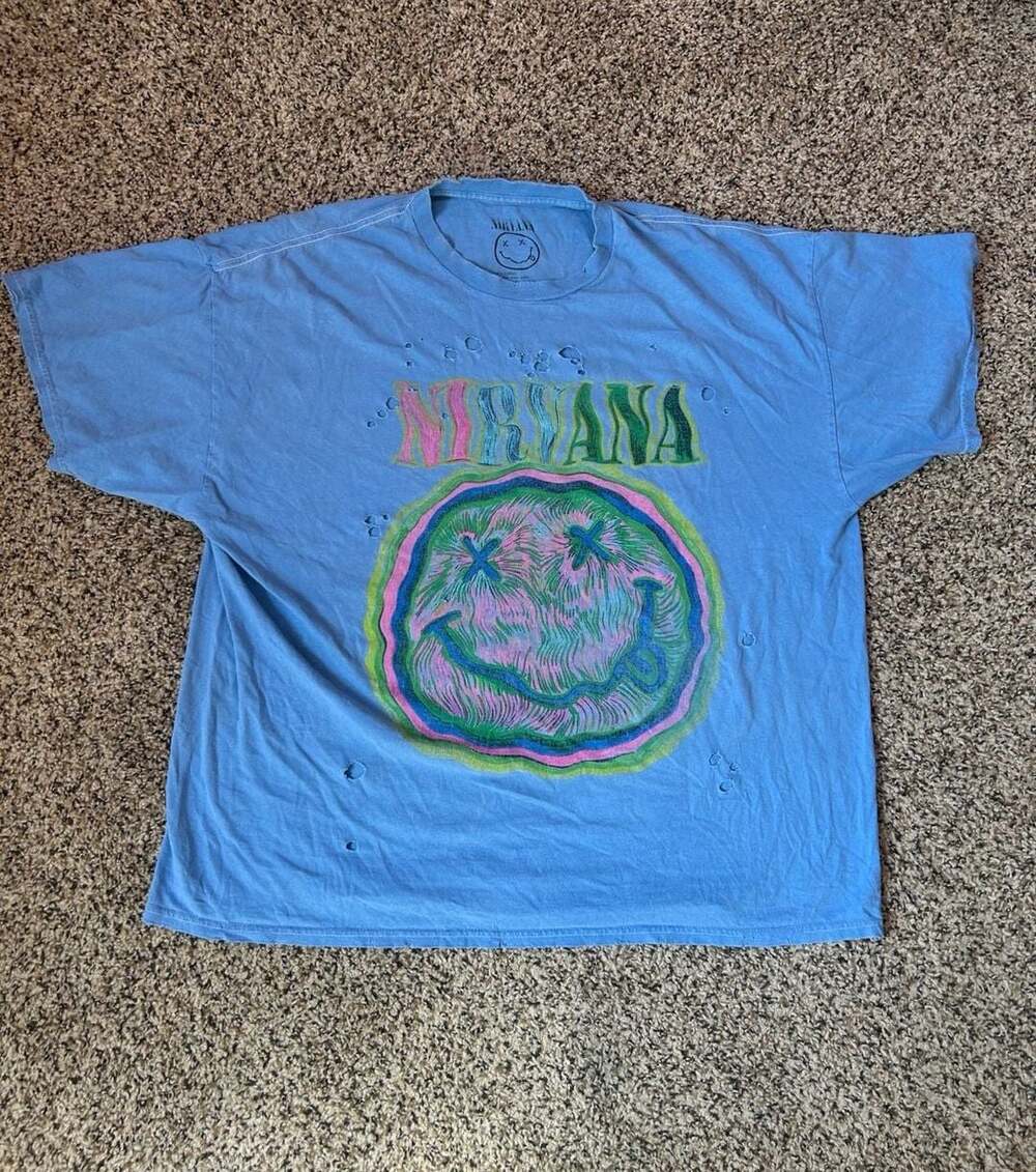 Urban Outfitters Nirvana Nevermind Distressed Oversized Graphic T-Shirt Blue S/M